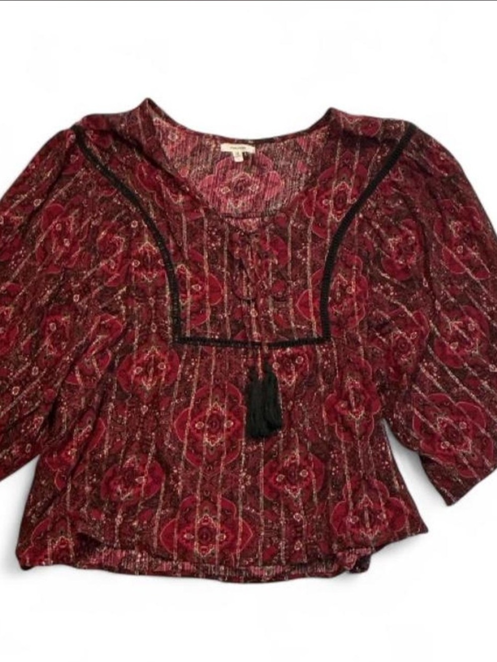 Maurices Red Paisley Peasant Blouse with Black Trim